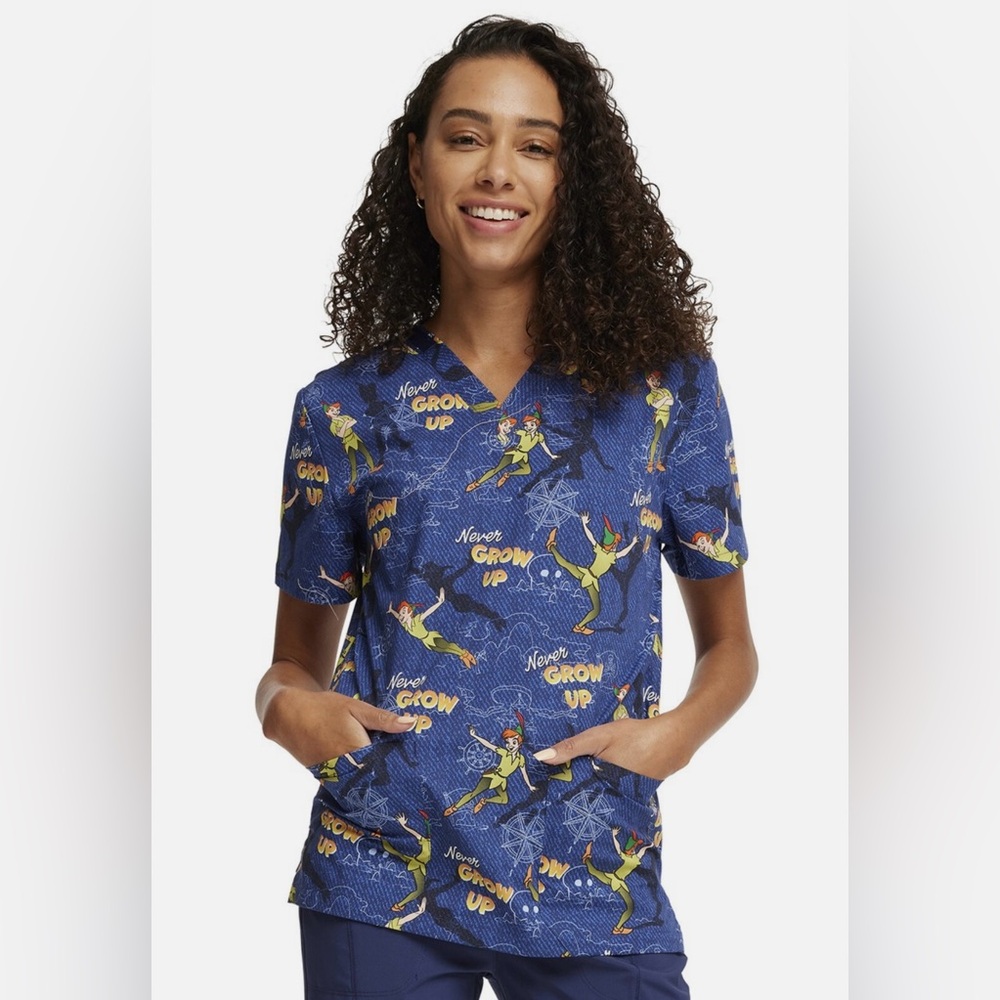 Peter Pan Cherokee Scrubs Disney Tooniforms Unisex V Neck Top. NWT